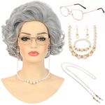 Bettecos Old Lady Wig Costume Set for Women Short Curly Grandma Wig and Glasses Silver White Granny Wigs for Old Woman Cosplay Halloween Party (Silver Grey/Old Lady)