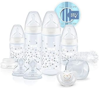 NUK Perfect Start First Choice+ Set Biberon | 0-18 Mesi | 4 x Biberon con Controllo Temperature, Ciuccio, Scovolino Bottiglie + | Sfiato anti-coliche | Senza BPA | bianca (neutro) | 10 Pezi