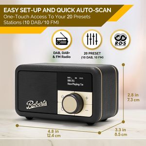 Roberts Revival PETITE2 Digital Radio – Black Portable FM/DAB