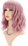 FAELBATY short Wave Pink Bob Wigs With Bangs Shoulder Length Women's Short Wig Curly Wavy Synthetic Cosplay Wig Pastel Wig for Girl Costume Wigs pink Wig