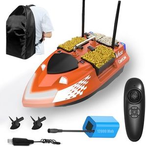 RC Bait Boat with Line Drop for Adult, Cruise Control, 4 Bait Slot 6.6LBS Loading 12000mAh Battery and Dual Motors, 1640FT Range Remote Control, Fish with LED Light, Hook Release & Backpack(Orange)