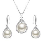 EleQueen Bridal Teardrop 925 Sterling Silver Freshwater Cultured Pearl Pendant Necklace Dangle Earrings Set Cubic Zirconia Jewelry Set Gifts for Women Anniversary Birthday Xmas(9-10mm), Valentine's Day/Mother's Day/Christmas Jewerly Gift for Girlfriend/Mom