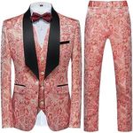 UNINUKOO Mens Slim Fit Suit 3 Piece 1 Button Paisley Prom Floral Wedding Tuxedo for Men, Pink, Large