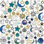 Hicarer 160 Pcs Bracelet Charms, Mixed Antique Sun Star Moon Charm Pendant Plated Enamel Celestial Charm for Jewelry Making, Silver, alloy