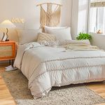 Herside Beige Duvet Cover Set Pom Poms Bedding Farmhouse Ball Fringe Decor Soft Microfibre Shabby Chic Bedding Sets Super King 1 Quilt Cover 2 Pillowcases (Beige,Super King)