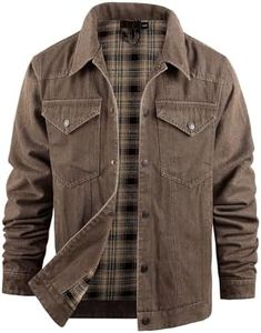 Flygo Mens Flannel Lined Denim Jacket Snap Cowboy Cut Western Classic Slim Fit Vintage Heavy Duty Jacket Trucker Coat(Brown-S)