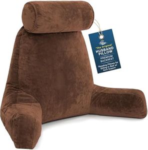 Husband Pillow XXL Reading Pillow for Bed Backrest with Arms - Chocolate - Adult - Shredded Memory Foam, Ultra-Comfy Microplush Cover & Detachable Neck Roll - Unmatched Support Bed Rest Sit Up Pillow