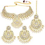 Aheli Elegant Wedding Party Wear Faux Kundan Studded Short Necklace Earrings with Maang Tikka Set Indian Ethnic Bollywood Fashion Jewelry for Women