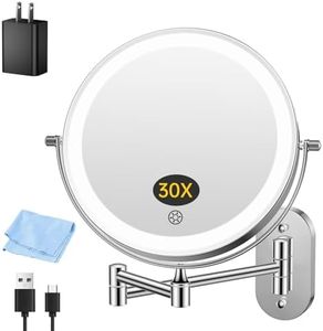FUNTOUCH 5000mAh Rechargeable Wall Mounted Makeup Mirror with Lights,Double Sided 1X/30X Magnification,3 Color Lights,Touch Dimmable,Extended Arm 360 Rotation Lighted Bathroom Mirror