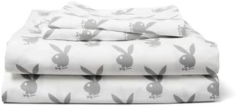 Playboy Gray Bunnies Sheet Set - Queen Bed Sheet Set with Iconic Rabbit Head Logo Pattern - Modern Style Bed Sheets Having Pull-On Closure - Cotton Sheet Set for Long-Lasting Comfort - Queen 4pc