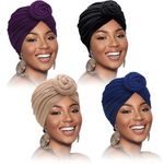 4 Pieces Turbans for Women African Headwrap Pre-Tied Knot Turban Hat Beanie Cap, Solid Color