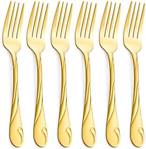 Gold Dinner Fork Set, Seeshine 7.8-inch(19.8cm) Stainless Steel Shiny Gold Metal Table Fork, 6 Pieces Kitchen Forks Silverware, Set of 6