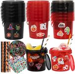 20pcs 32oz Buckets for Drinks, Reusable Food Storage Container, Cocktail Rum Buckets with Lids and Handles, Contains 210pcs Waterproof Stickers & 25pcs Straws for Halloween Party Decoration Decor