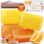 Kojic Acid Soap, Turmeric Soap Bar & Orange for Hyper-pigmentation, Helps Reduce Dark Spot, Japanese Kojic Acid and Turmeric Soap with African Net Sponge, Hyaluronic Acid & Retinol (4 Pack)