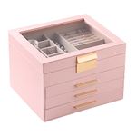 Frebeauty Clear Lid Jewelry Box,4 Layers Jewelry Organizer Large Multi-Functional Jewelry Storage Box with 3 Drawers,Jewelry Display Case of Rings Earrings Necklace Bracelets for Women Girls(Pink)