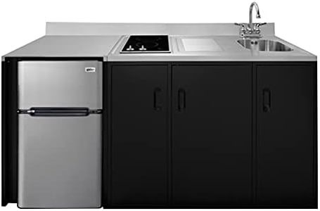 Summit Appliance CK72ADASINKR 72 Wide All-In-One Kitchenette, ADA Compliant, Sink and Faucet, 2-door Refrigerator-freezer, 2-burner Smooth-top Cooktop, Indicator Lights, Storage Compartments,Black