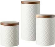 Embossed Ceramic Canister Set 3-piece Storage Jars Food Containers with Airtight Acacia Wood Lids for Kitchen Countertop or Home Deco