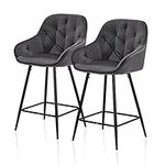 TUKAILAi Grey Bar Stools Set of 2 Velvet Kitchen Breakfast Counter Stools 65cm Seat Height with Metal Base Footrest Industrial Dining Island Pub Party Barstools Home Furniture