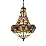 XINDAR Pendant Light, Tiffany Style Flower Chandelier Stained Glass Hanging Light Kit in Antique Bronze for Living Room (5 Light)