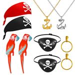 FRIUSATE 10Pcs Pirate Costume Accessories Set, Kids Adult Captain Costume, Pirate Head Scarf Eye Patches Earrings Pirate Necklace Inflatable Parrot for Party