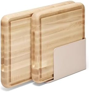 Caraway 3-Piece Prep & Serve Butcher Block Set, Includes 17” Rectangle Cutting Board, 12” Square Cutting Board and Metal Storage Rack, Maple
