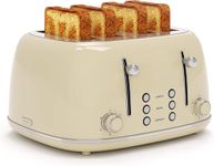 Toaster 4 Slice, Retro Stainless Toaster with 6 Bread Shade Settings,1.5''Wide Slots Toaster with Cancel/Defrost/Reheat Functions,Dual Independent Control Panel (Cream)