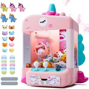 Skirfy Unicorns Claw Machine, Mini Vending Machine with Lights & Music, Adjustable Sound, Candy and Electronic Prize Dispenser, Includes 45 Toys, Candy and Birthday Gift for Kids Girls
