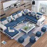 OXTEM ; The Furniture World U Shape 9 Seater Fabric Sofa Set with Tea Table & 4 Puffy 2 + 2 + 2 + 1 + 1 + 1 (Blue),Pre-Assembled (oxtem004)