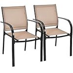 COSTWAY Garden Chairs Set of 2/4, Stackable Outdoor Dining Chairs with Armrests, Steel Frame Fabric Patio Bistro Chair Deck Seats for Balcony, Backyard, Lawn and Poolside (2, Brown+Black, 64x59x85cm)