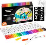 Shuttle Art Fabric Pens, 28 Colours Fine Tip Permanent Fabric Markers for Clothes, T-shirt, Shoes with 11 Stencils 1 Fabric Sheet, Non-toxic Marker Pens for Kids Adult Painting Writing