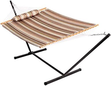 Lazy Daze Quilted Fabric Hammock with 12-Foot Stand, Double 2-Person Hammock with Pillow for Outdoor Outside Patio, Garden, Backyard, 450LB Capacity, Olive Green/Taupe Stripes