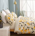 DaDa Bedding Yellow Fleur Floral Duvet Cover Set Golden Orange Tulips Bright Vibrant Botanical Garden Flowers Ivory Beige Tan Comforter Cover w/Corner Ties Zipper Pillow Cases (King) [Upgraded]