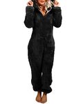 YILEEGOO Women Fleece Onesies Zip Up One Piece Hooded Pajamas Cozy Sleepwear Pyjamas Autumn Winter Warm Loungewear Jumpsuit Black