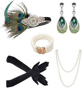 Gionforsy 20s Accessories Set Women's Flapper Costume 1920s Accessory Set with Feather Headband Gloves Pearl Necklace Earrings Bracelet for Great Gatsby Party Halloween Carnival (Style 6 - Peacock)