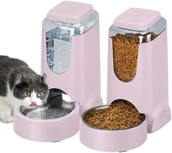 2 Pack Automatic Cat Feeder and Stainless Steel Water Dispenser, Gravity Dog Waterer Set Food Feeder and Waterer Set for Small Medium Kitten Puppy Pets(1 Gallon x 2, Violet)