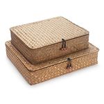 Seagrass Storage Box with Lids Rectangular Organization Wicker Shelf Baskets Natural Woven Stackable Set of 2 (Large+Small)