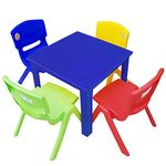 A406 Strong Kids Children Table and Chairs Set for Study, Activity Garden Indoor (Blue Table + 4 Chairs Mix)