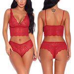 Lziizl Women Sexy Lace Bra and Panty Set Bralette Lingerie 2 Piece Babydoll Bodysuit S-XXL, Red, Large