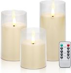 Clear Glass Flameless Candles Battery Operated with Timer, Remote Control, LED Pillar Candles Battery Powered, D3 H4 5" 6", Set of 3 (Ivory White)