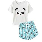 MyFav Pyjama Women Cute Panda Sleep Tee Shirt Shorts Set Summer Sleepwear,White Panda,XS