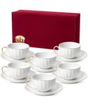 BTaT- White Tea Cups and Saucers with Gift Box, 7oz, Set of 6 Tea Cups Set of 6 with Gold Rim, Cup & Saucer Sets, Tea Cup Set of 6, Tea Cup Sets for Adults, Bulk Tea Cups and Saucers Set of 6