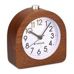 Navaris Analogue Wooden Alarm Clock - Retro Table Clock with Half Round Design Snooze Function and Alarm Face Light - Natural Wood in Dark Brown