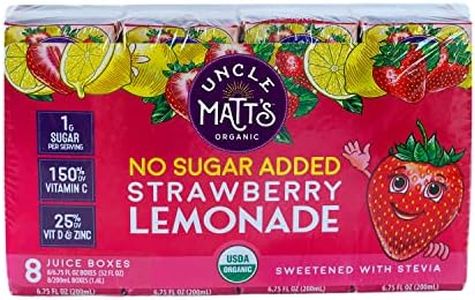 Uncle Matt’s No Sugar Added Strawberry Lemonade Organic Fruit Juice Box for Kids with Vitamin C, D, Zinc, Only 10 Calories, 32 pack of 6.75 oz Boxes