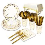 176 Pieces Gold Disposable Party Dinnerware Set &Golden Dot Disposable Birthday Party Dinnerware - Black Paper Plates Napkins Cups, Gold Plastic Forks Knives Spoons