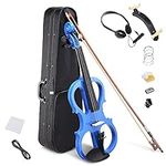 AW 4/4 Electric Violin Full Size Wood Silent Fiddle Stringed Instrument Bow Headphone Case Blue