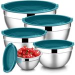 E-far Mixing Bowls with Teal Blue Lids Set of 5, Stainless Steel Mixing Bowls Metal Nesting Bowls with Airtight Covers for Cooking, Baking, Serving, Storage - Size 0.7/1/1.5/3/4.6QT - Dishwasher Safe