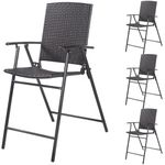 HAPPYGRILL 4 Pack Folding Wicker Rattan Bar Chairs, Patio Tall Stool with Back, Steel Frame, Armrests and Footrest Bar Chairs for Garden Patio Furniture Set