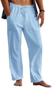 Gafeng Mens Linen Pants Yoga Beach Loose Fit Casual Summer Elastic Waist Drawstring Baggy Trousers with Pockets Blue