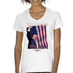 Never Surrender Trump 2024 Women's V-Neck T-shirt Bulletproof Unstoppable USA President MAGA Rally America First FJB Tee, White, Small