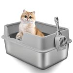 Stainless Steel Cat Litter Box with High Wall Sides Enclosure, Dxles Large Cat Litter Box with Scoop for Multiple Cats, Non-Sticky, Anti-Leakage, Easy Cleaning